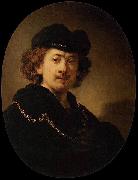 REMBRANDT Harmenszoon van Rijn Self-portrait Wearing a Toque and a Gold Chain oil painting on canvas